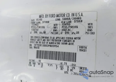 2003 Ford Ranger Xlt z USA, uszkodzony, nr VIN 1FTZR15E83PB05954